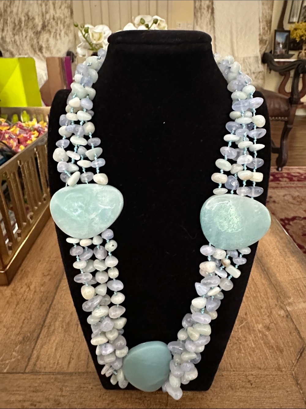 Aqua Multi-Strand Beaded Statement Necklace by